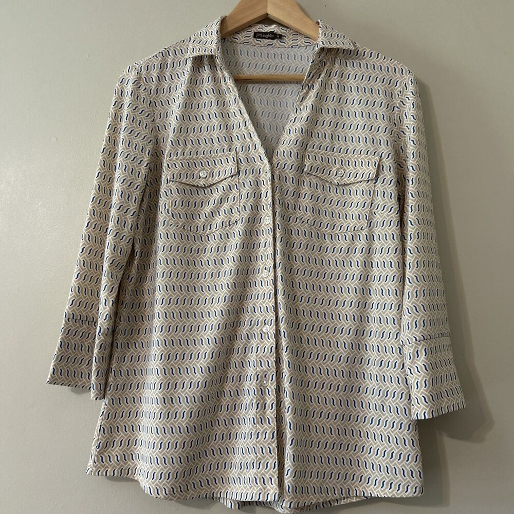 J. McLaughlin Tan Navy Catalina Cloth Button Down Shirt Medium Geometric Print